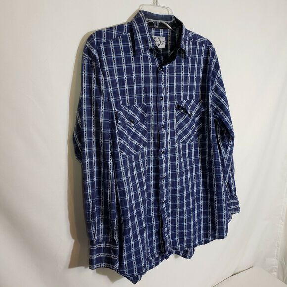 Cowboy Up Men Shirt Medium Pearl Snap Blue Plaid Long Sleeve Blue Western Pocket - Picture 5 of 11
